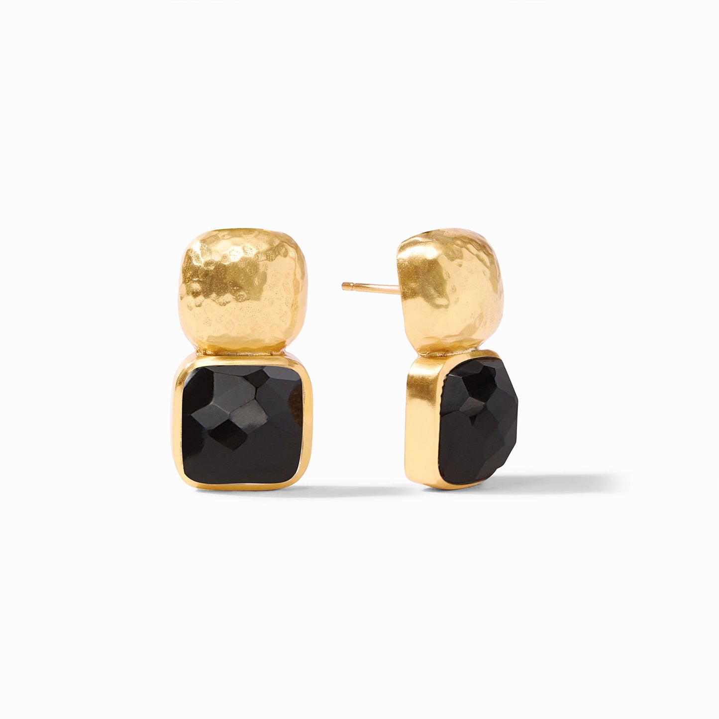 The stacked squares of these earrings—a lightly hammered top above the cushion shape gemstone underneath—comes in a spectrum of sparkling colors.