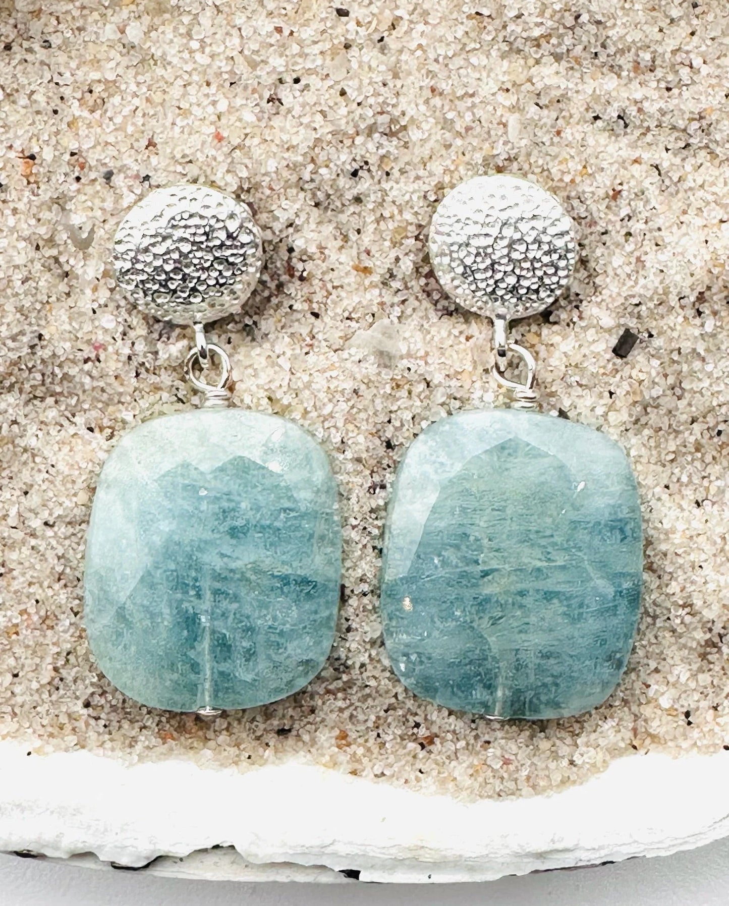 Flat Faceted Aquamarine Earring on Textured Sterling Silver Round Post, 1.75