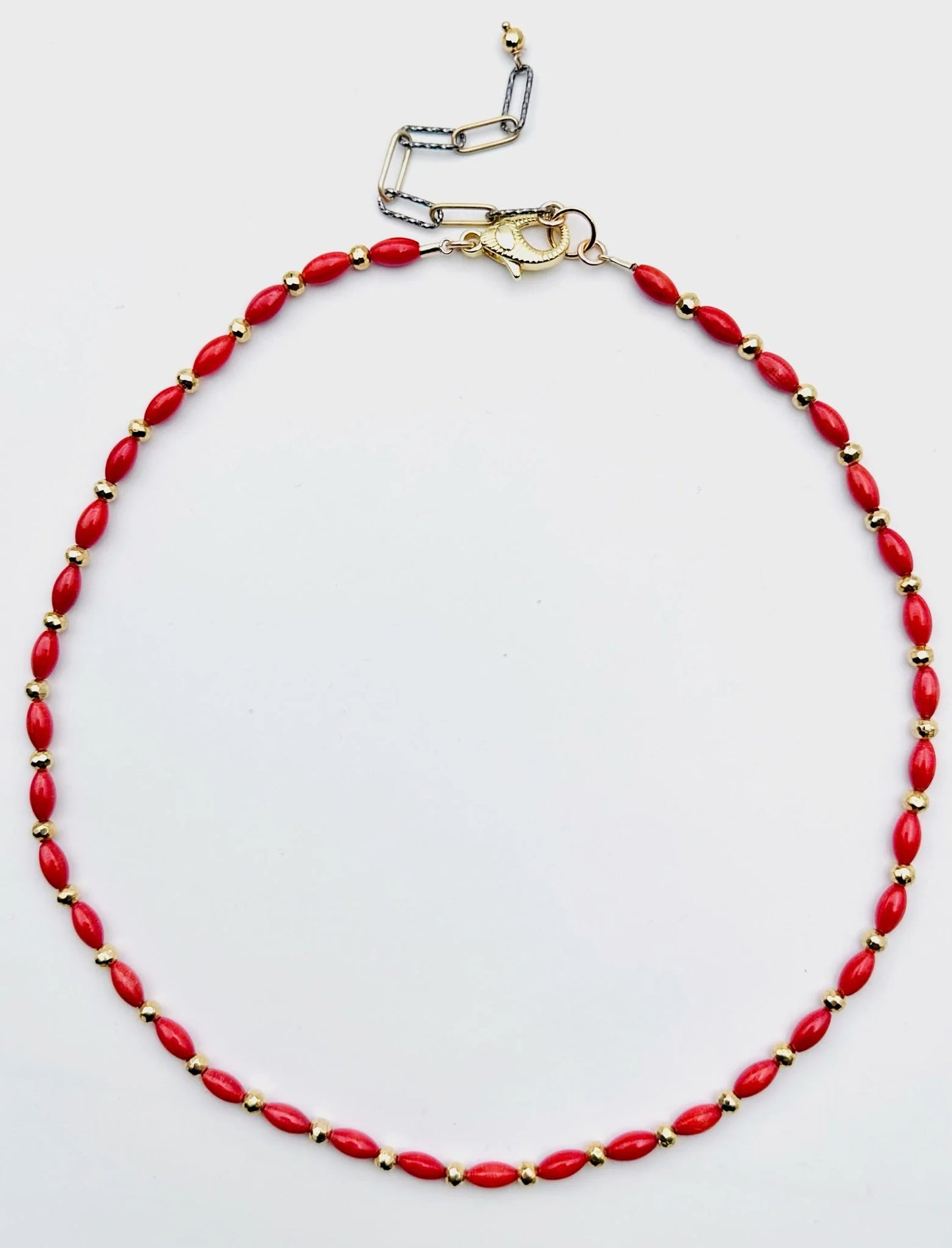 18" Petite Coral Tube and Gold Pyrite Necklace with Gold Fill Clasp and 2T Vermeil Clasp