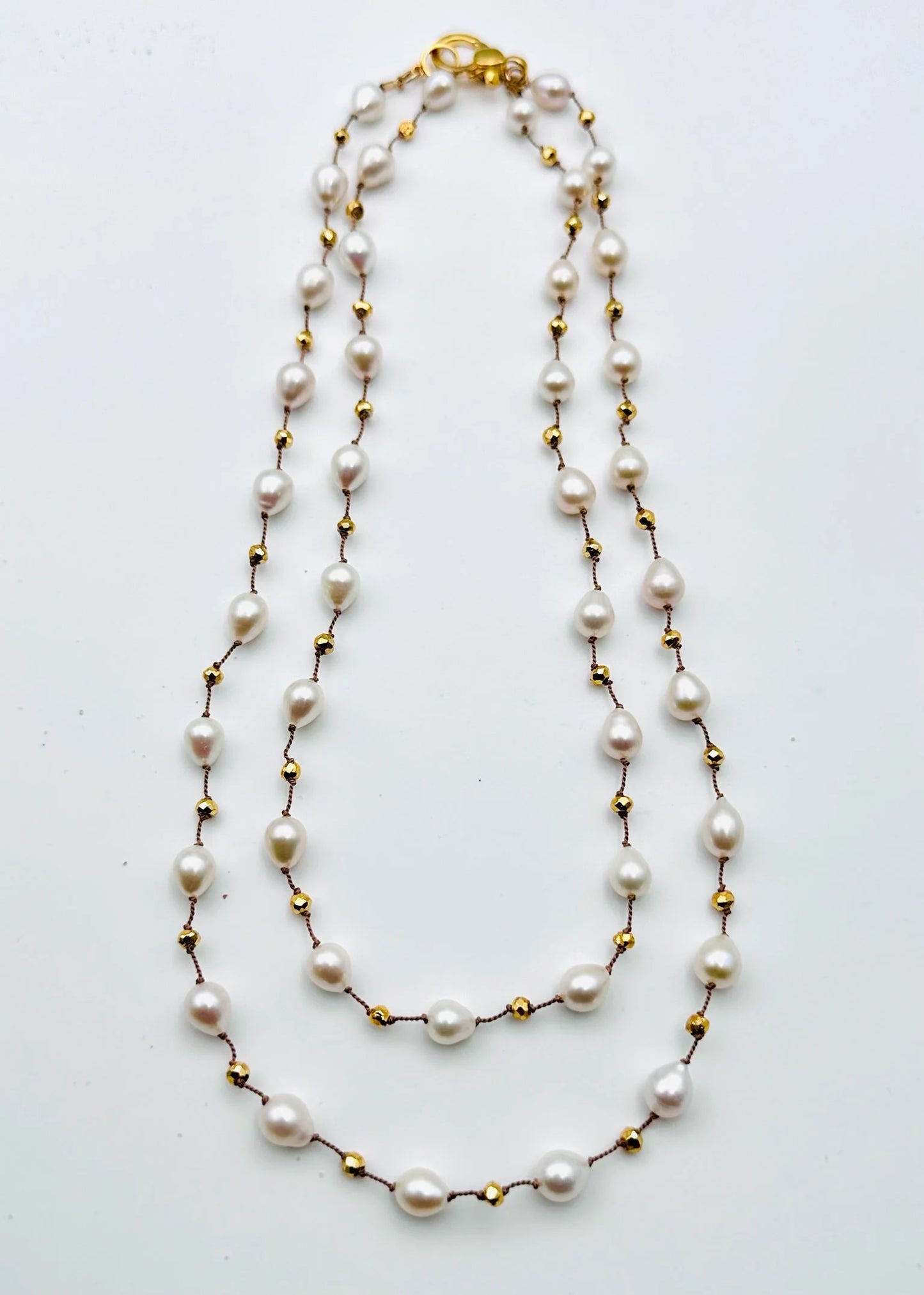 36" Extra Small White Freshwater Baroque Pearl and Gold Pyrite Necklace with a Vermeil Clasp