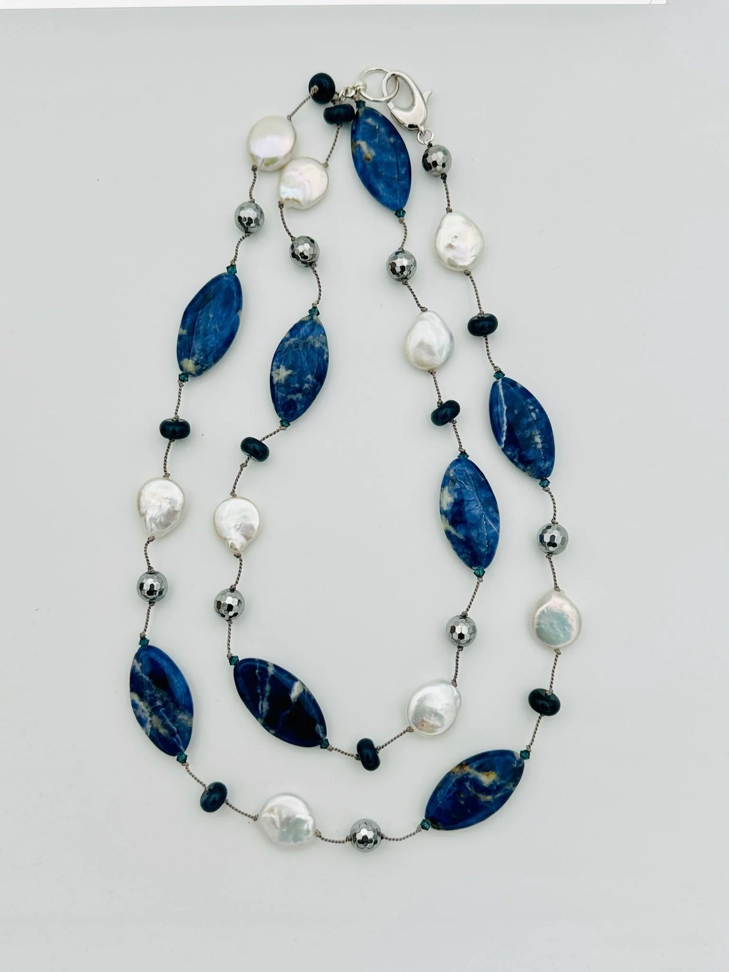 36" Sodalite, Pyrite, and Pearl Necklace