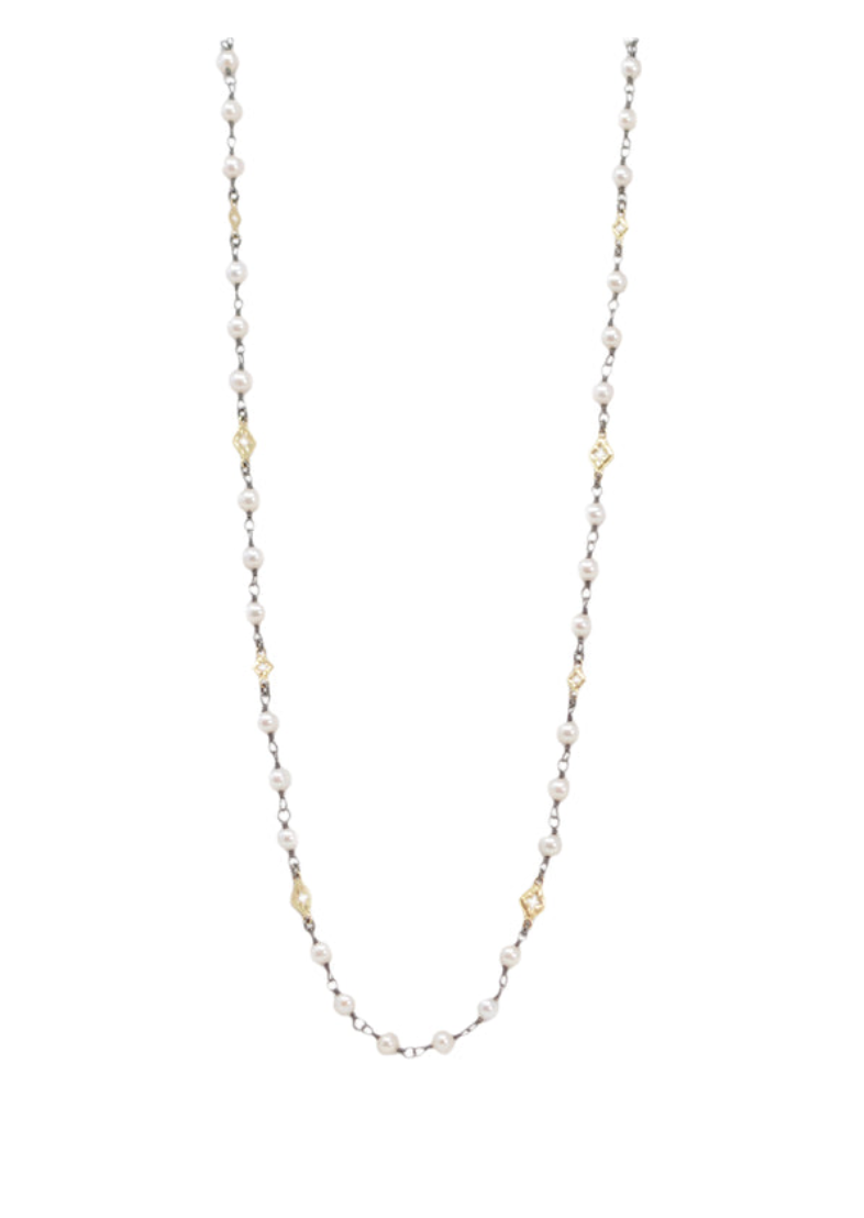 Pearl and Scroll Stations on Cable Chain Necklace