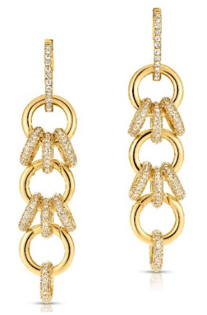18K Yellow Triple Link Earrings w Pave Diamonds 6.37cts