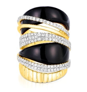 18K Ribbon w Black Onyx & Double Row Pave Diamond Ring 1.16cts
