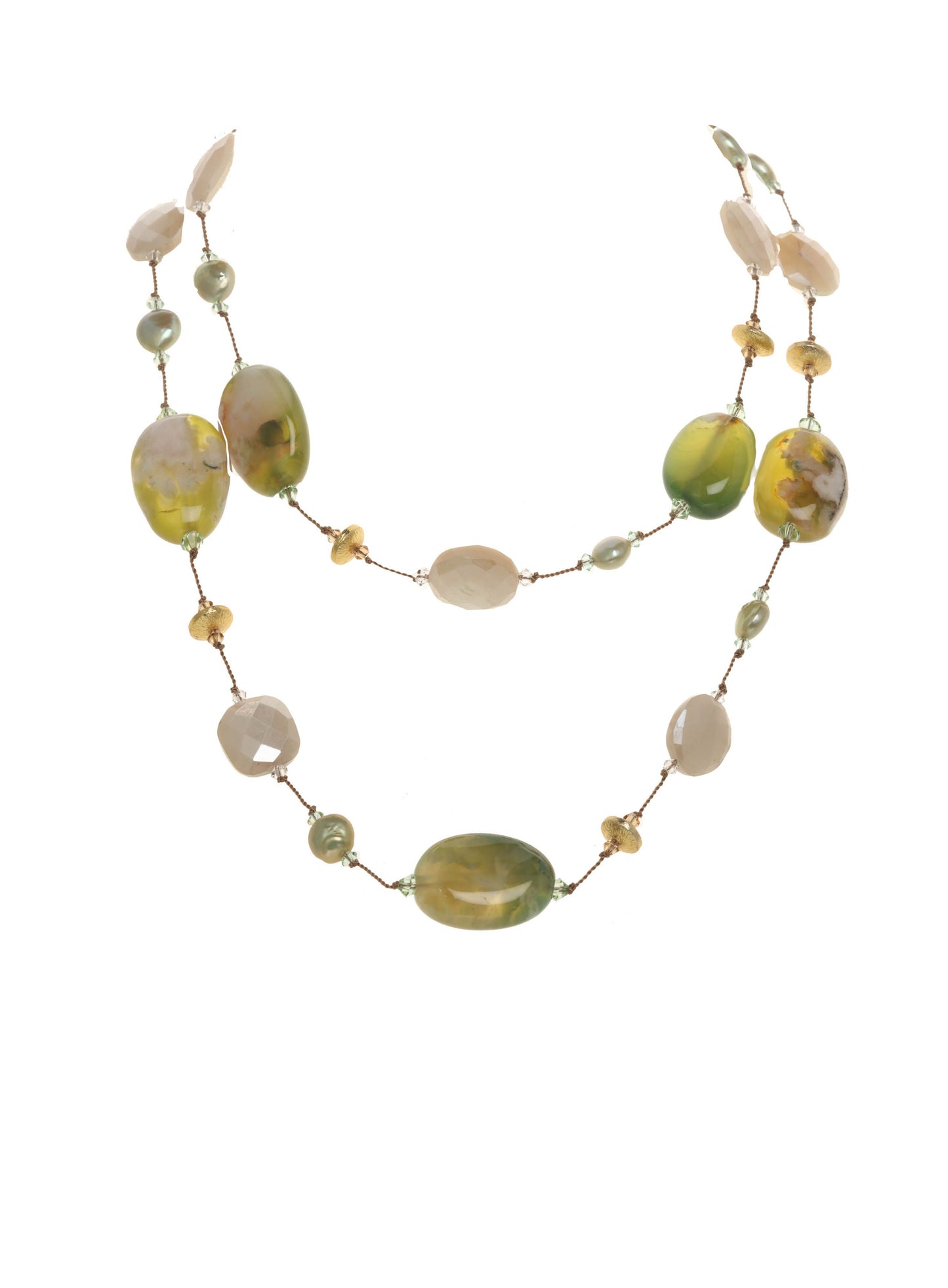Green blossom agate, coin pearl, moonstone, vermeil rondelle