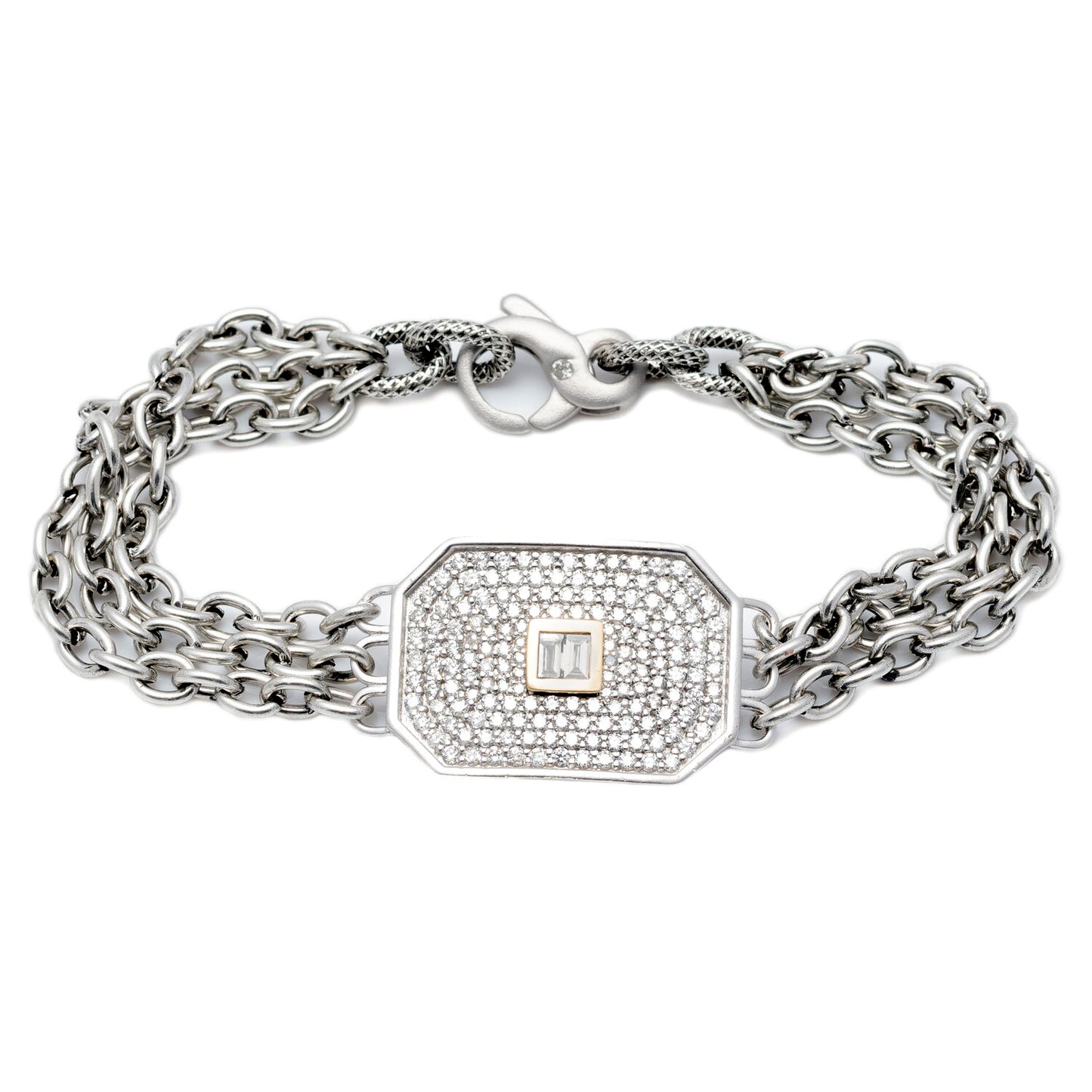 This triple-strand bracelet features a satin-finish, sterling silver, chamfered rectangle covered in diamond pavé and accented by two baguette diamonds bezel-set in 14K yellow gold in the center on our exclusive steel chain. Includes a Liza Beth signature satin finish diamond clasp Dimensions of rectangle: 25 mm x 18 mm Total diamond carat weight: 1.47 ct Made in USA