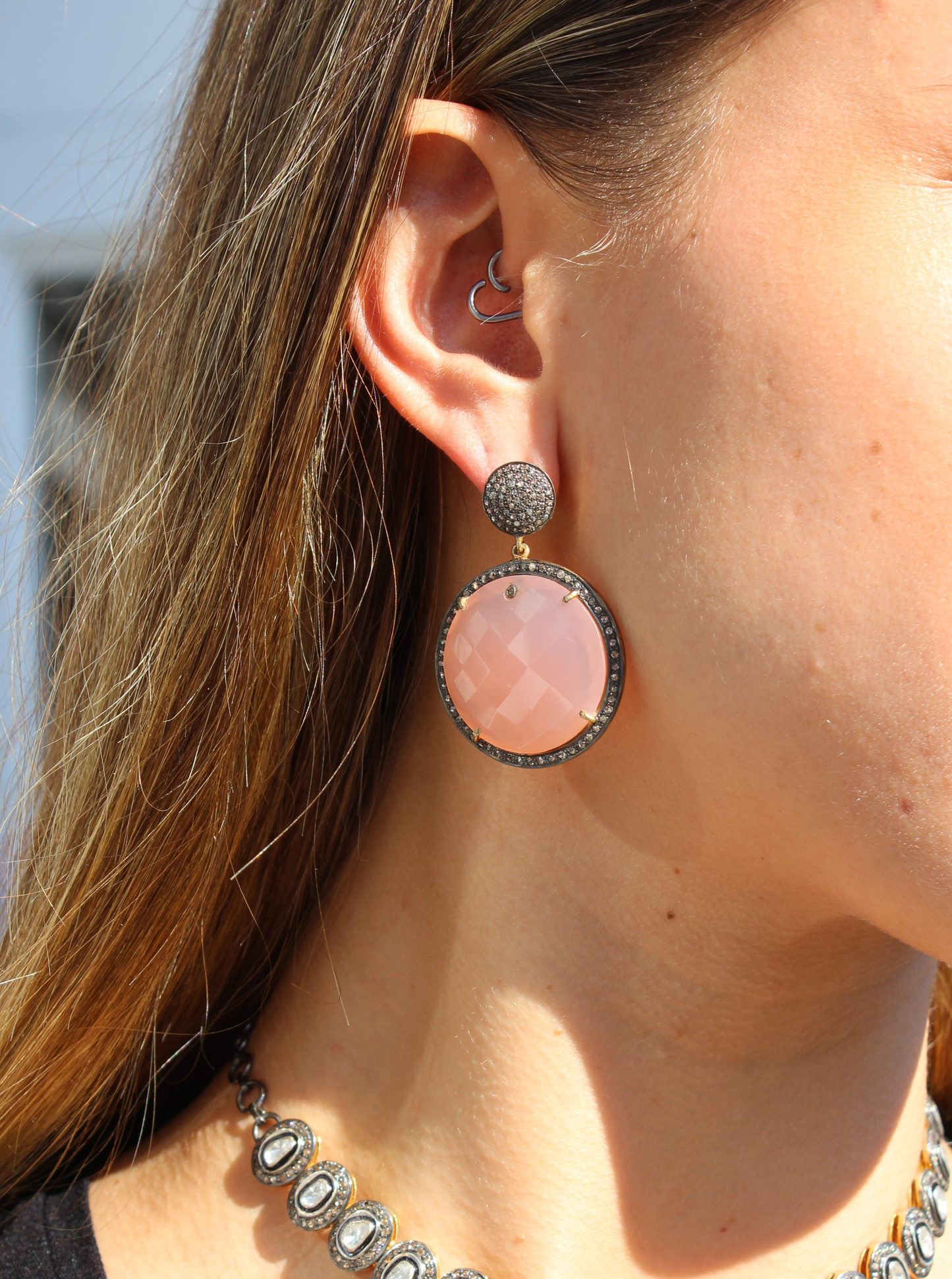 Pink quartz round drop and pave diamond stud earrings Sourced from India