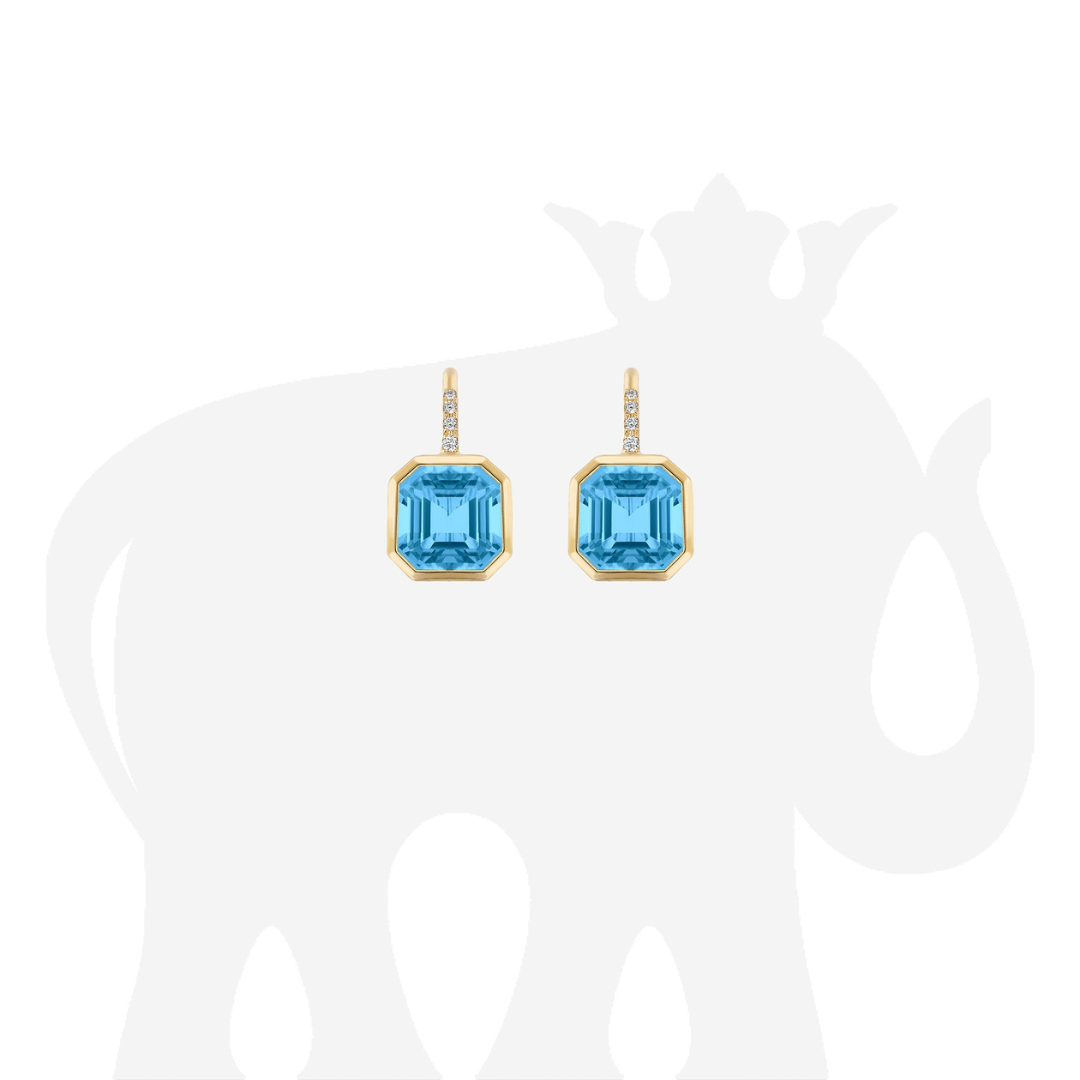 'Gossip' Assher Cut Blue Topaz Earring on Wire With Diamonds