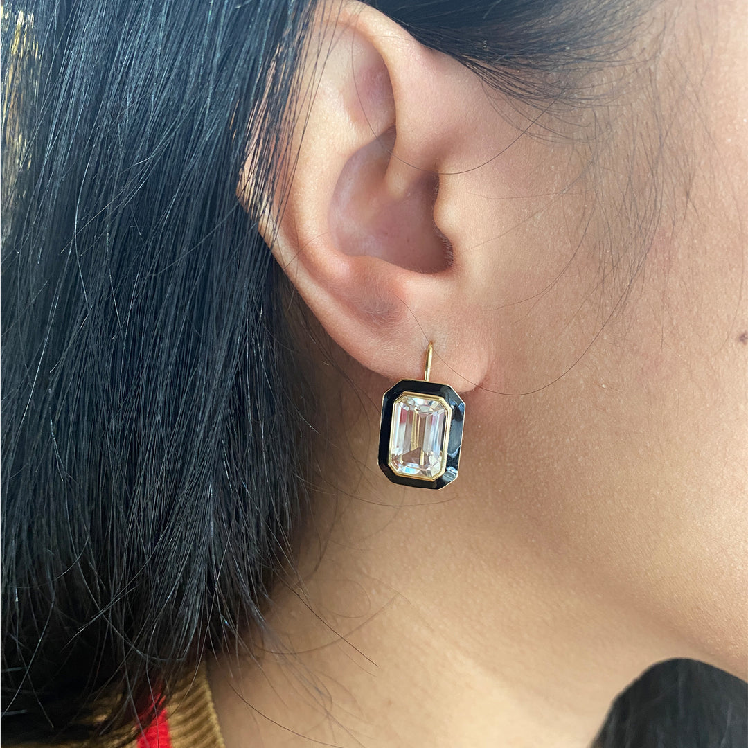 'Queen' Rock Cystal 12x8 Emerald Cut Earring With Black Enamel