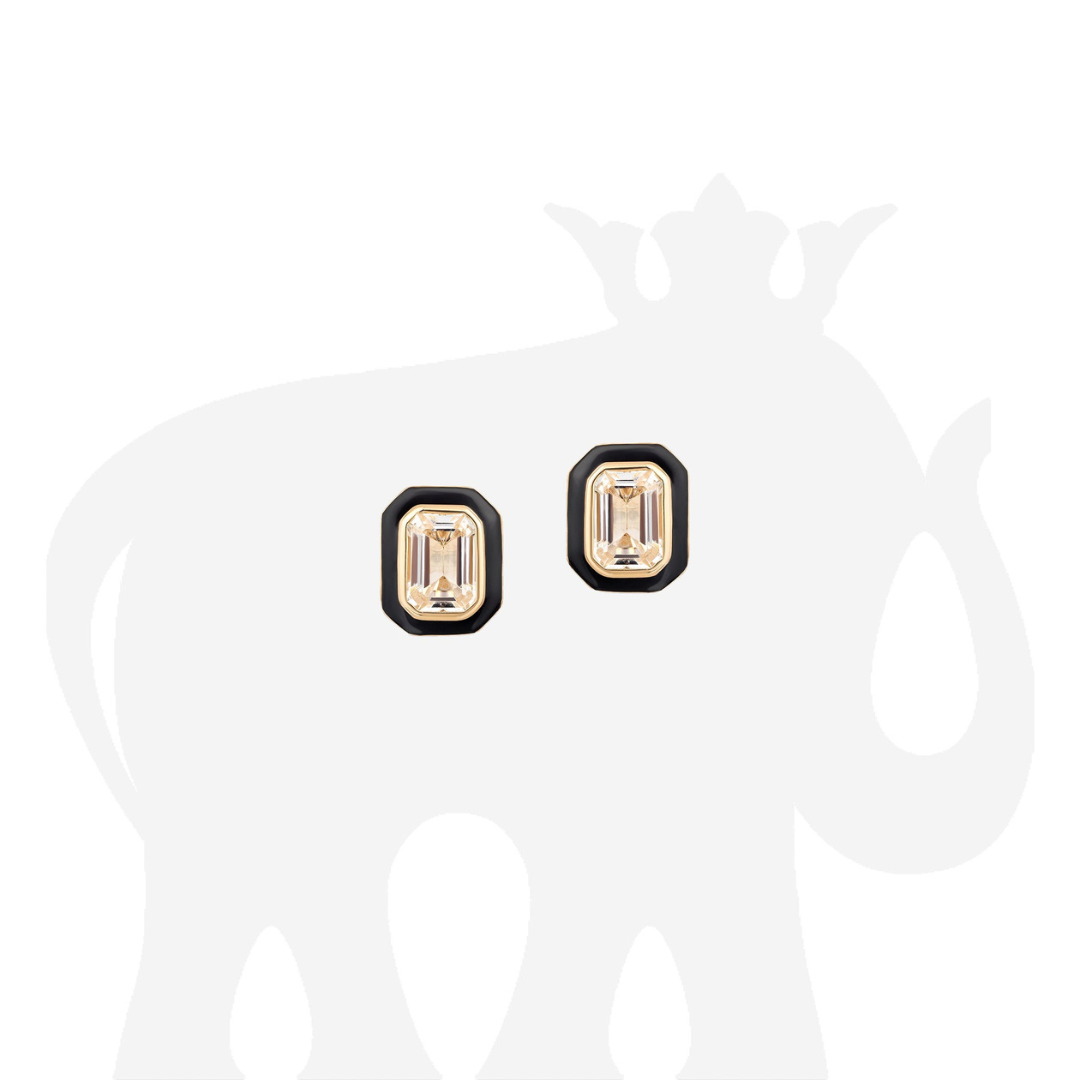 'Queen' Rock Crystal Emerald Cut Stud Earrings With Black Enamel