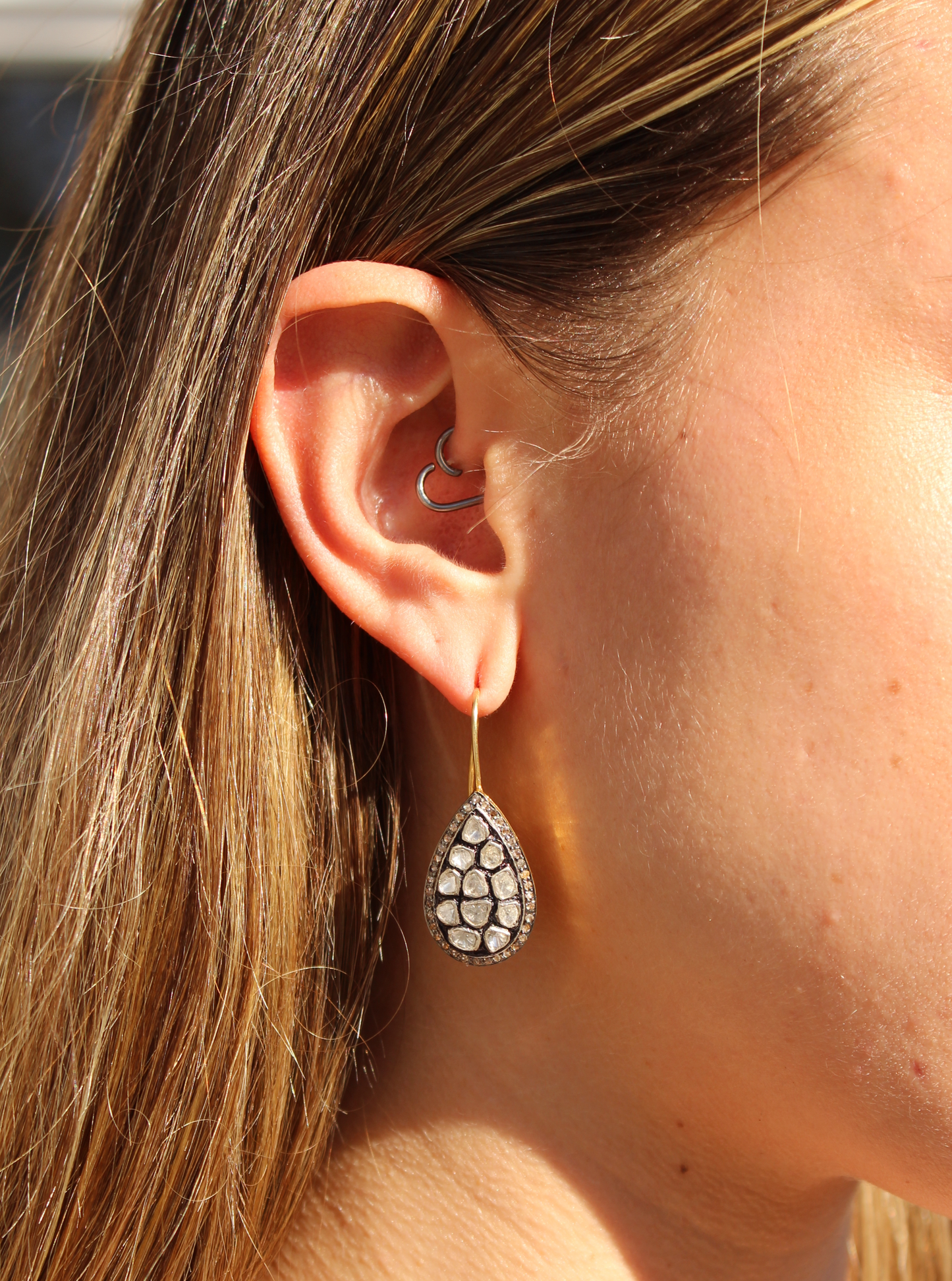 Rose cut and pave diamond tear drop earrings Sourced from India