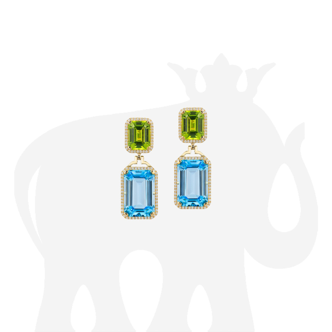 'Gossip' Blue Topaz -Peridot Emerald Cut Diamond Earrings