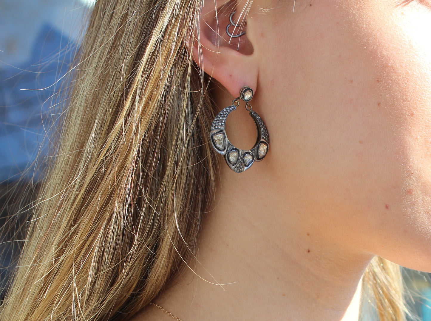 Rose cut and pave diamond scallop bottom open drop earrings Sourced from India