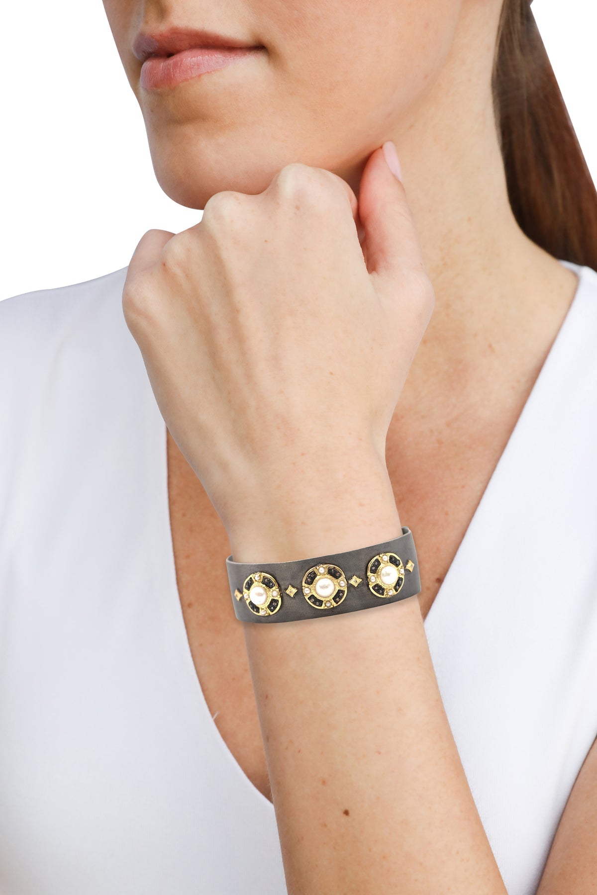 Pearl and Diamond Wide Kick Cuff Bracelet
