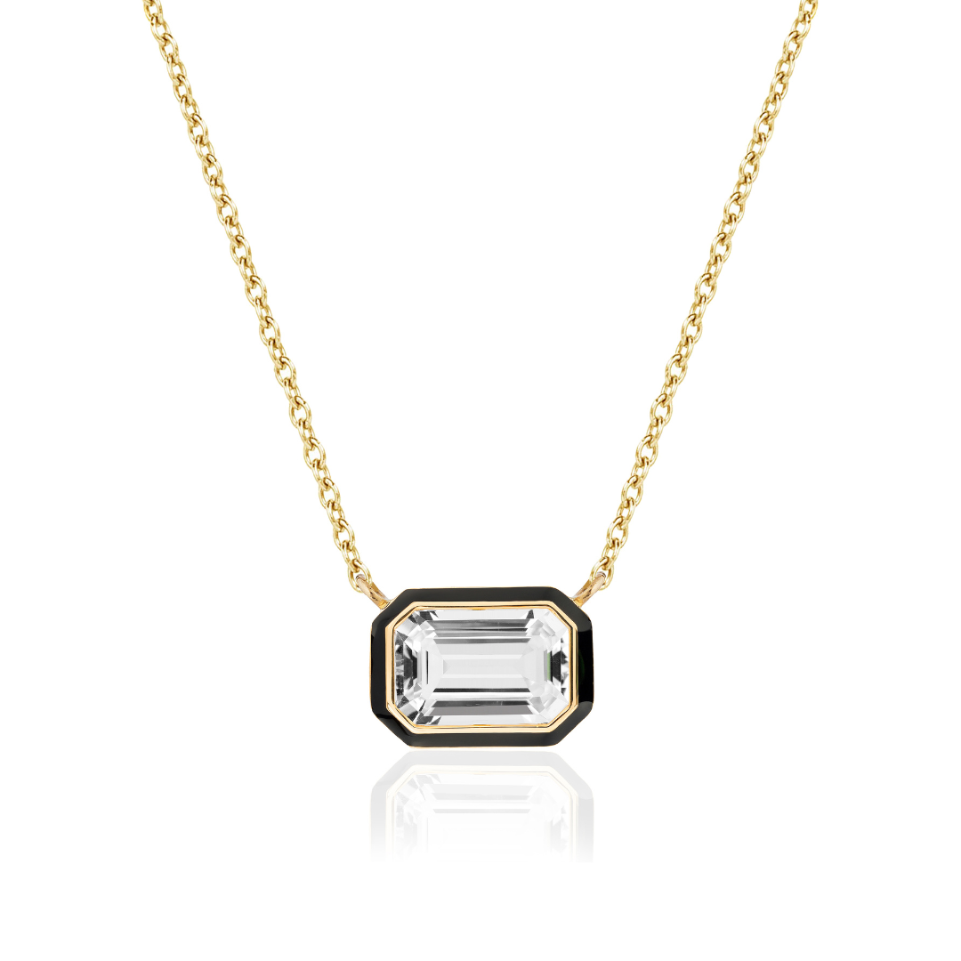 'Queen' 12x8 Rock Crystal Emerald Cut East-West Pendant With Black Enamel