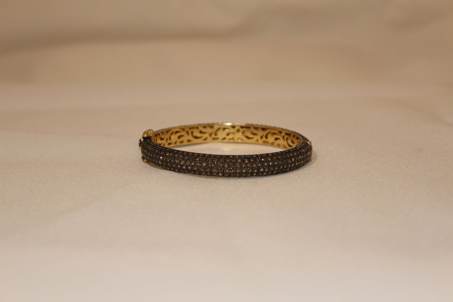 Rounded pave diamond 7mm bangle Oxidized sterling silver and yellow gold Sourced from India