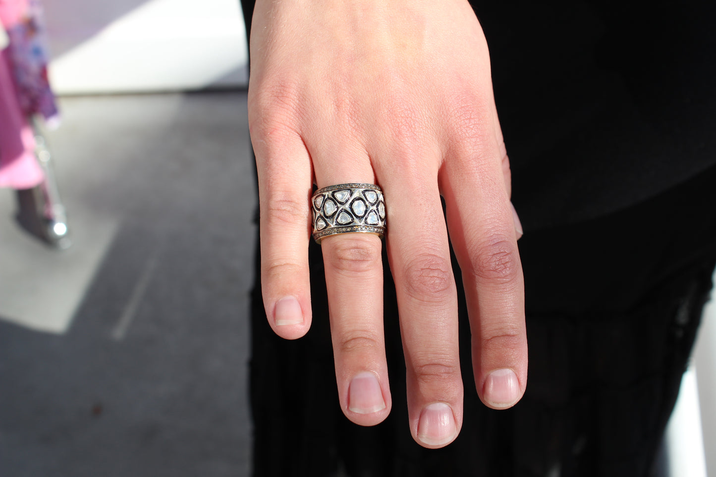Rose cut and pave diamond zig zag eternity band Size: 6.5 Sourced from India