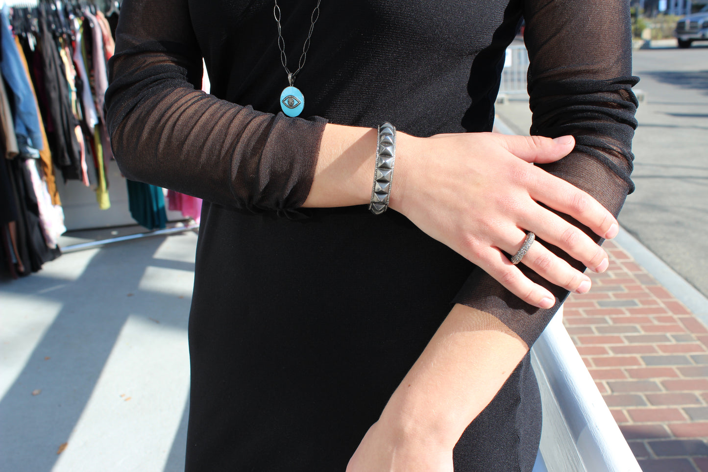 Spike bangle with pave diamond edge and oxidized sterling silver One size Sourced from India