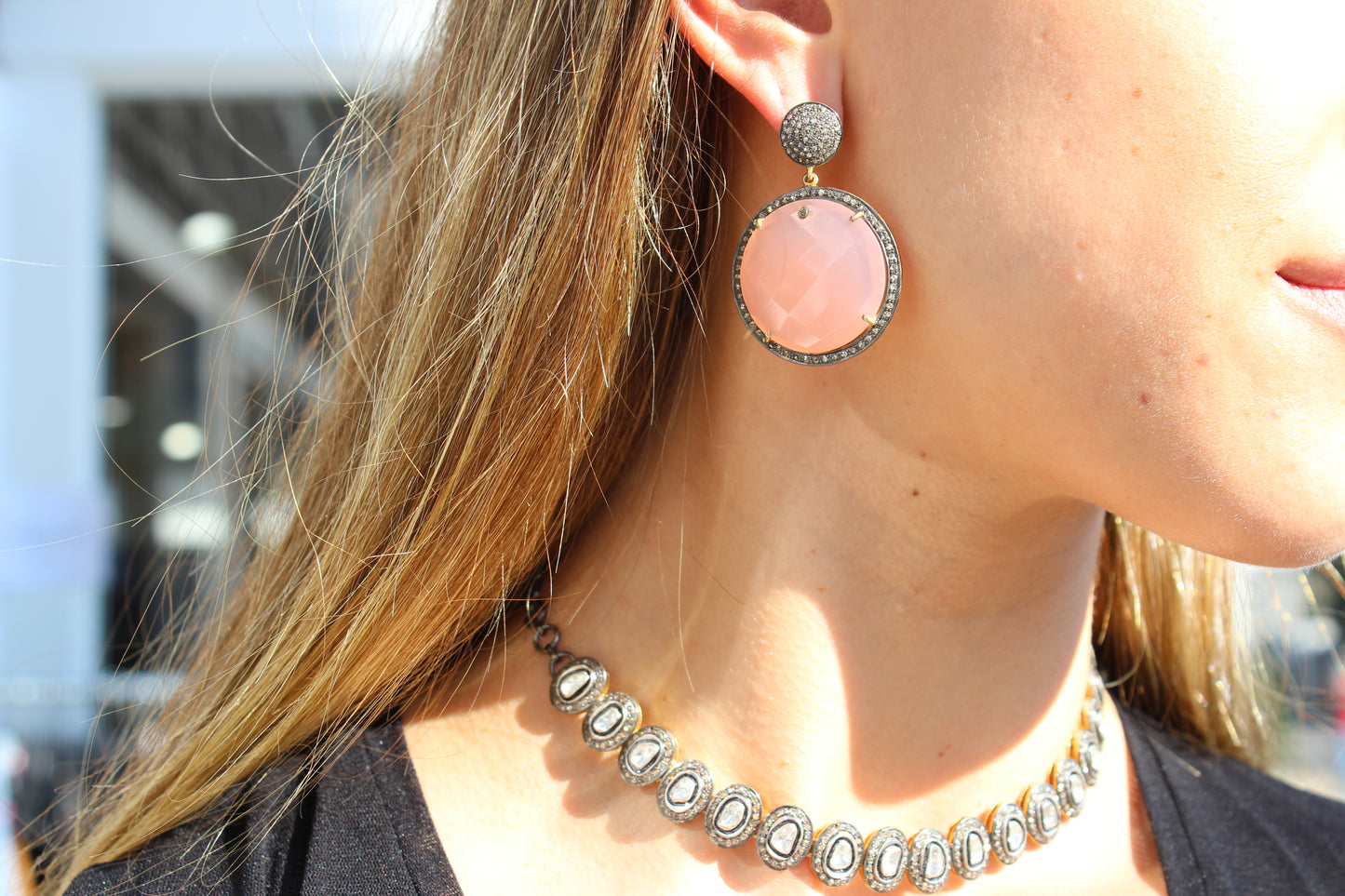 Pink quartz round drop and pave diamond stud earrings Sourced from India