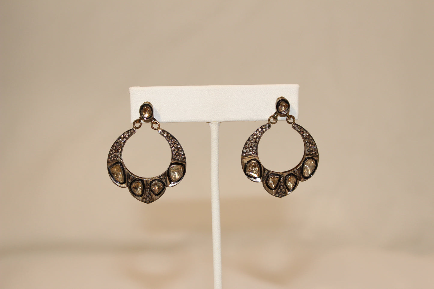 Rose cut and pave diamond scallop bottom open drop earrings Sourced from India