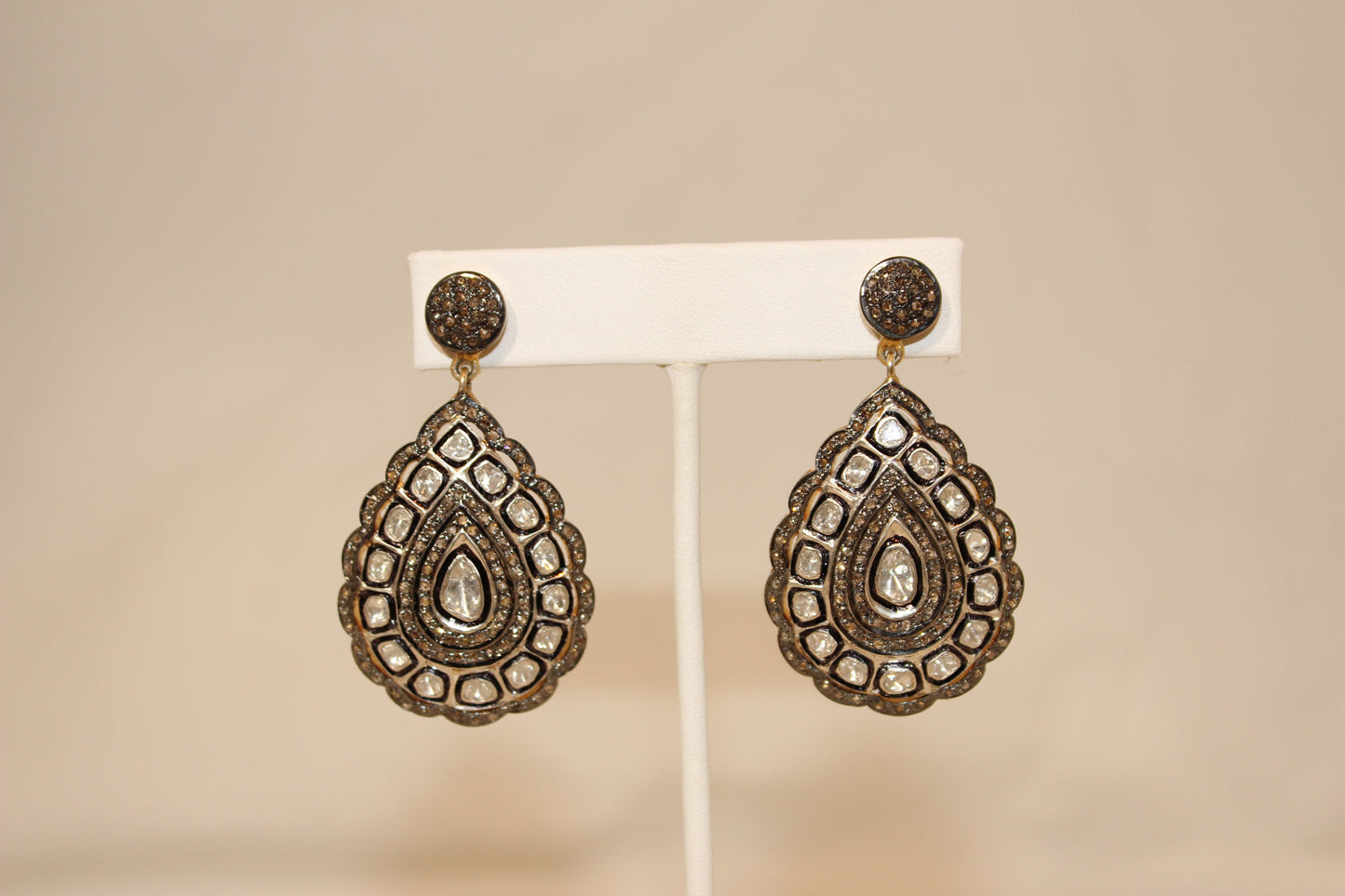 Rose cut and pave diamond large tear drop earrings with scallop effect Sourced from India