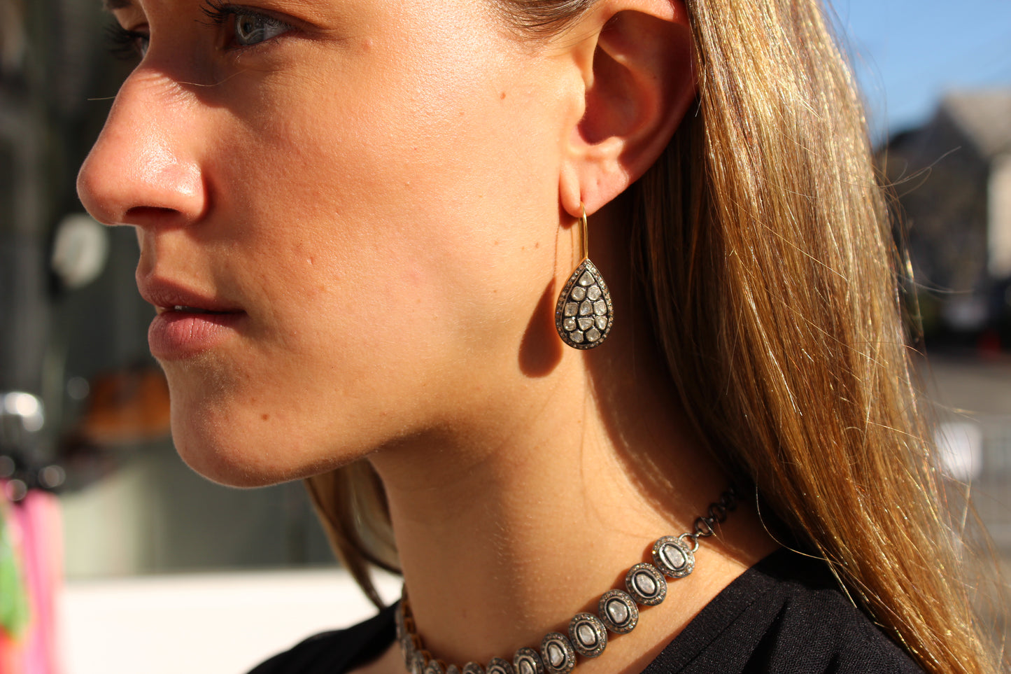 Rose cut and pave diamond tear drop earrings Sourced from India