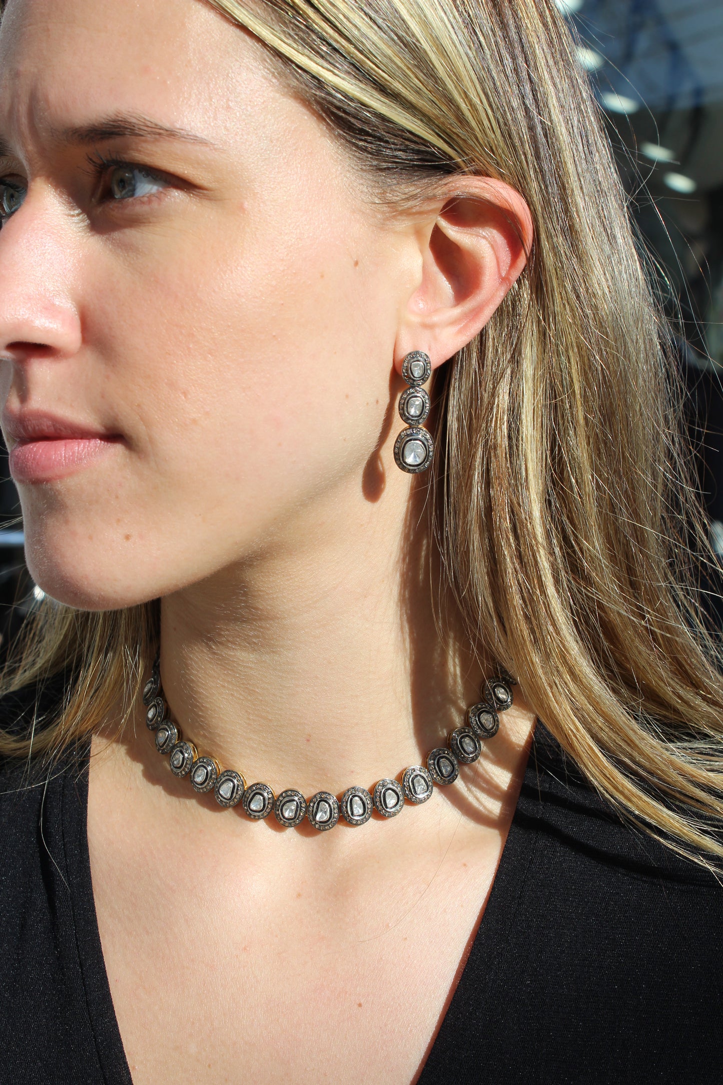 Rose cut and pave diamond choker with oxidized silver chain Ajustable Sourced from India