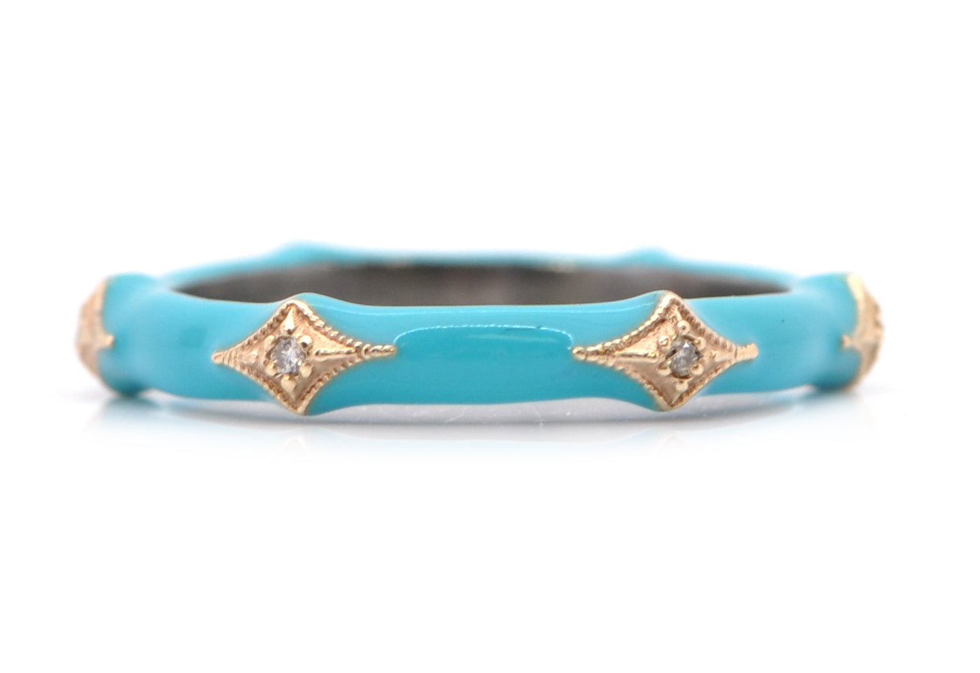 14K Rose Gold and Sterling Silver Crivelli Stack Ring in Turquoise Enamel with Champagne Diamonds (0.04 TCW)