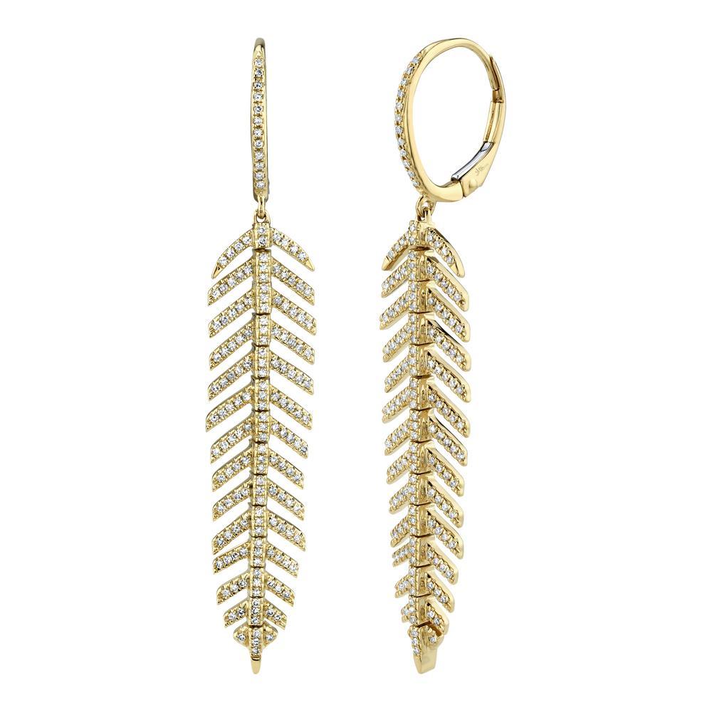 0.60CT DIAMOND 'PHOENIX' DROP FEATHER EARRING - SHORT The ultra unique 'Phoenix' drop dangle feather earrings highlight Shy Creation's commitment to impeccable design and craftsmanship. Delicately hinged, the 'Phoenix' motif curves and caresses like silk - a must-have for every jewelry collection. EDITOR'S NOTES: 14K Yellow Gold Short Version - 2.15" Long Hinged Back Closure 0.60 Carat Weight Available in: Yellow, Rose, and White Gold.