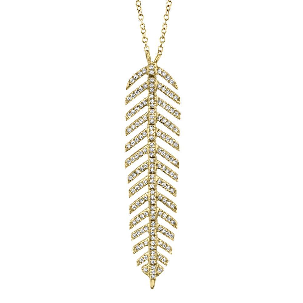 0.29CT DIAMOND 'PHOENIX' FEATHER PENDANT NECKLACE The ultra unique 'Phoenix' feather pendant necklace highlights Shy Creation's commitment to impeccable design and craftsmanship. Delicately hinged, the 'Phoenix' motif curves and caresses like silk - a must-have for every jewelry collection. EDITOR'S NOTES: 14K Yellow Gold Lobster Clasp Closure 0.29 Carat Weight Available in: Yellow, Rose, and White