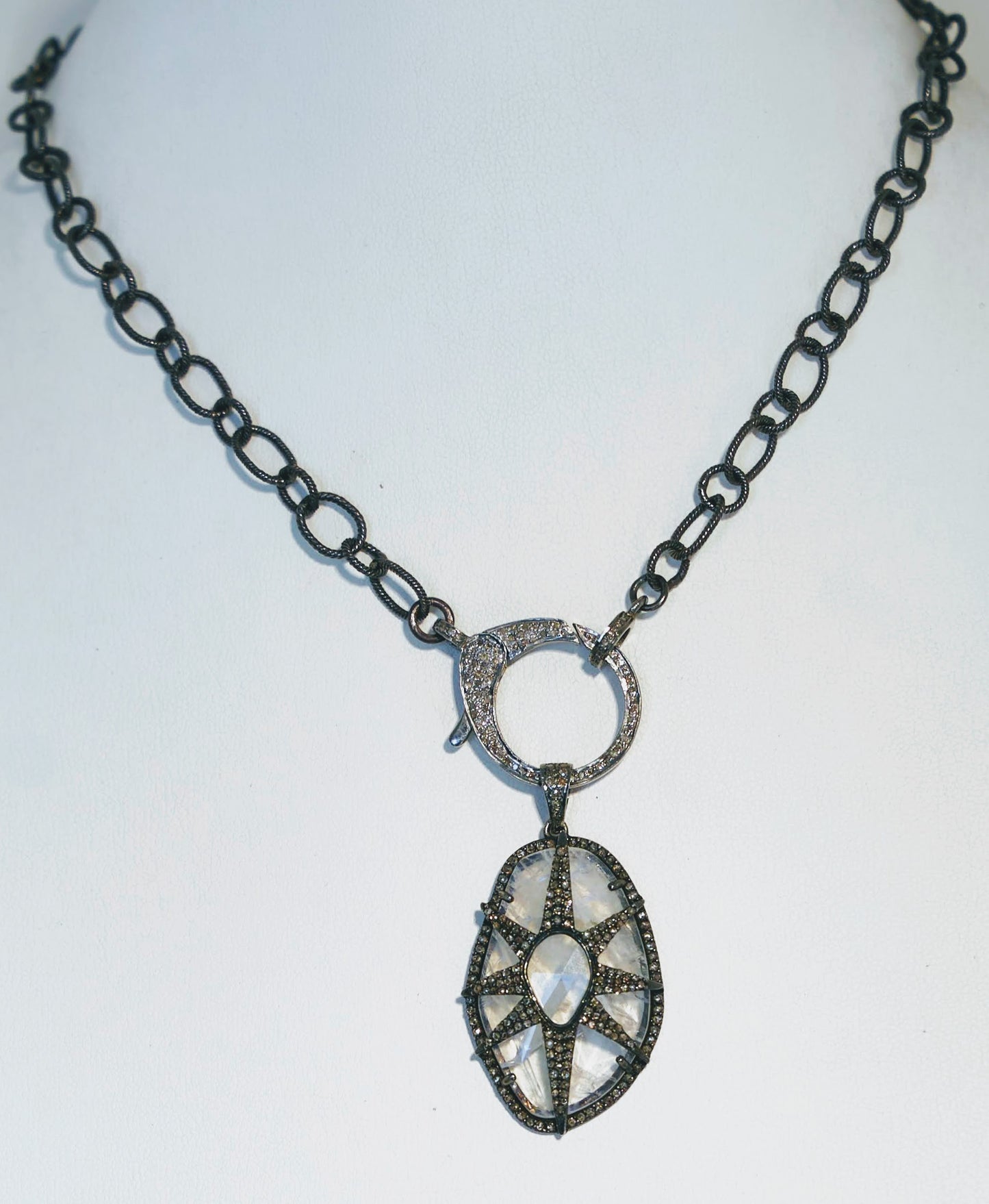 Moonstone and Diamond Open Star on Rhodium Chain 18"