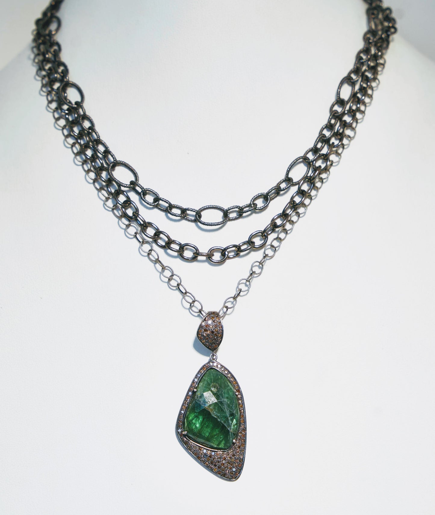 Abstract Emerald and Pave' Diamond Pendant on 3 Gradated Rhodium Chains 17" - 19"