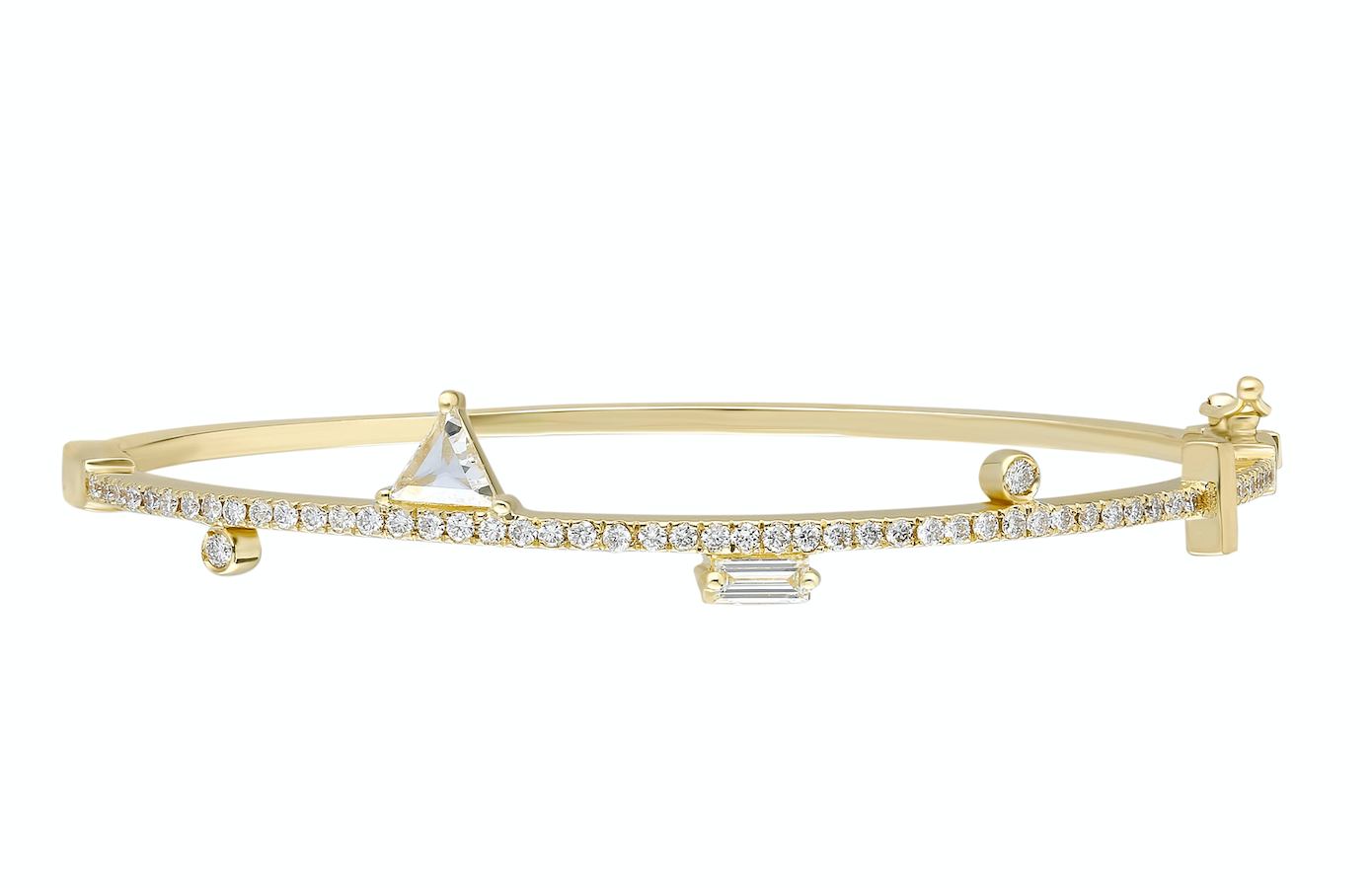 14K Yellow gold bangle with double clasp White diamond: .54CT White diamond baguette: .19CT White diamond trillion: .23CT Made in Turkey