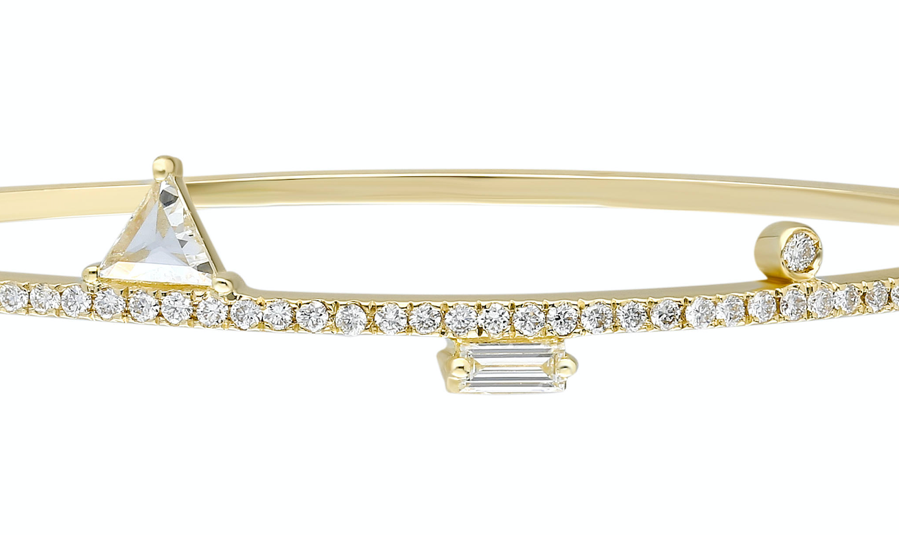 14K Yellow gold bangle with double clasp White diamond: .54CT White diamond baguette: .19CT White diamond trillion: .23CT Made in Turkey
