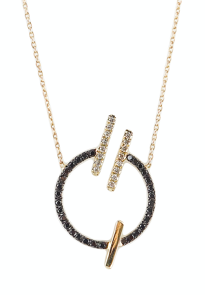14K Yellow gold circle necklace Black diamond: .30CT White diamond: .11CT Made in Turkey