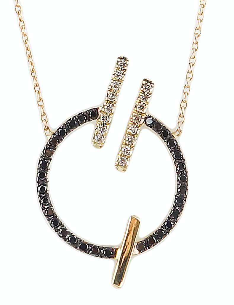 14K Yellow gold circle necklace Black diamond: .30CT White diamond: .11CT Made in Turkey