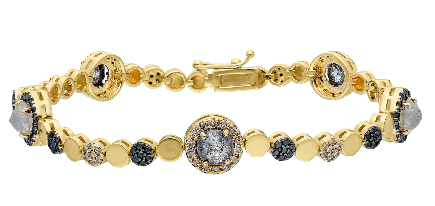 14K Yellow gold bracelet with double clasp Rose-cut grey diamond: 3.00CT Champagne diamond: .97CT Black diamond: .78CT Made in Turkey
