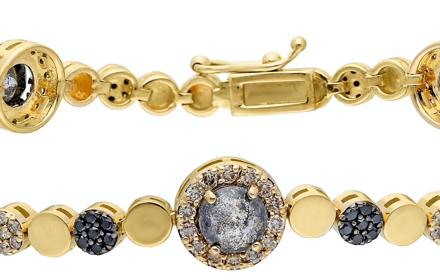 14K Yellow gold bracelet with double clasp Rose-cut grey diamond: 3.00CT Champagne diamond: .97CT Black diamond: .78CT Made in Turkey