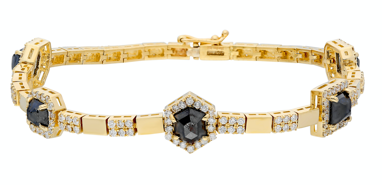 14K Yellow gold bracelet with double clasp Rose-cut black diamonds: 3.91CT White diamond: 1.70CT Made in Turkey