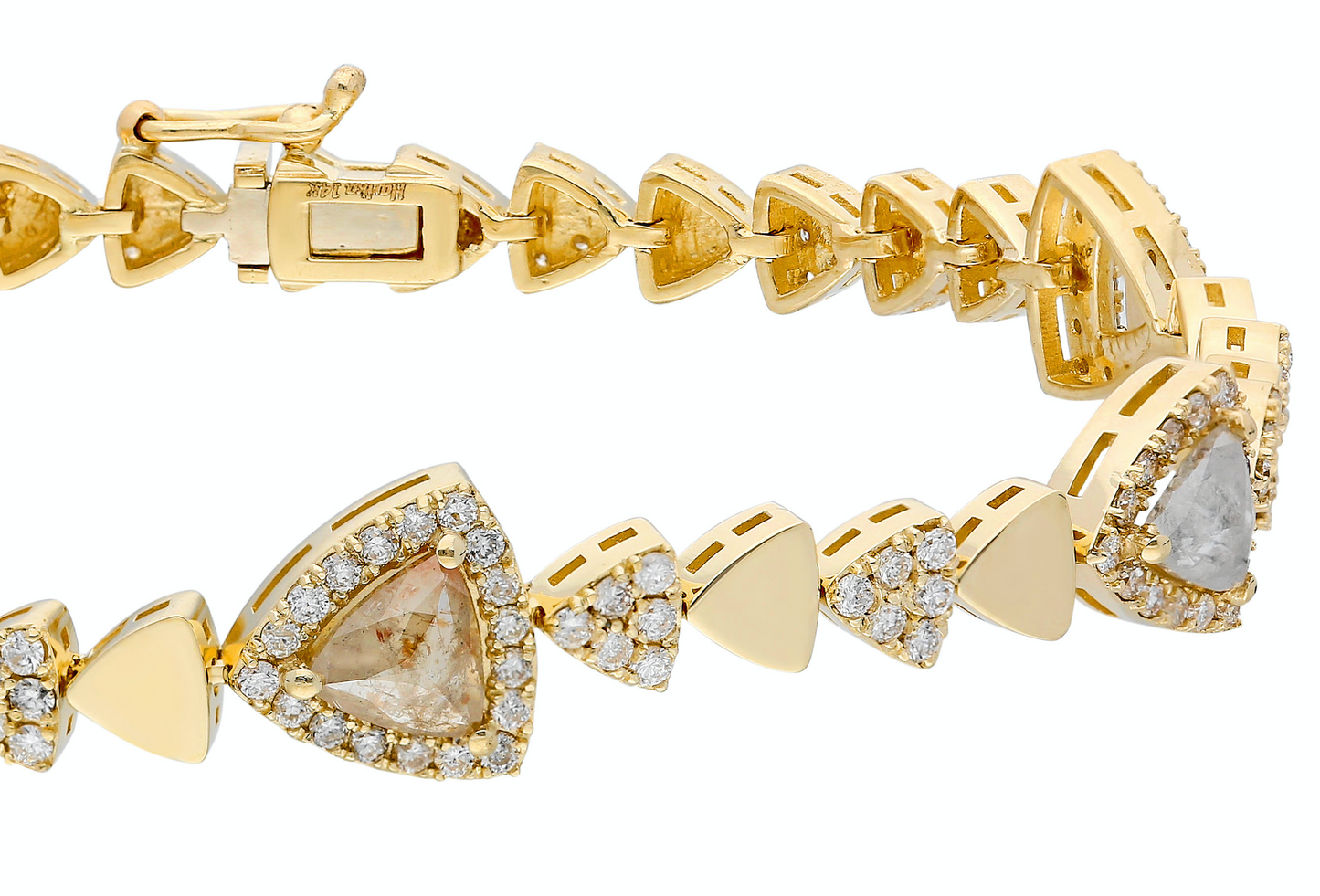 14K Yellow gold bracelet with double clasp Rose-cut opaque diamonds: 1.68CT White diamond: 1.49CT Made in Turkey