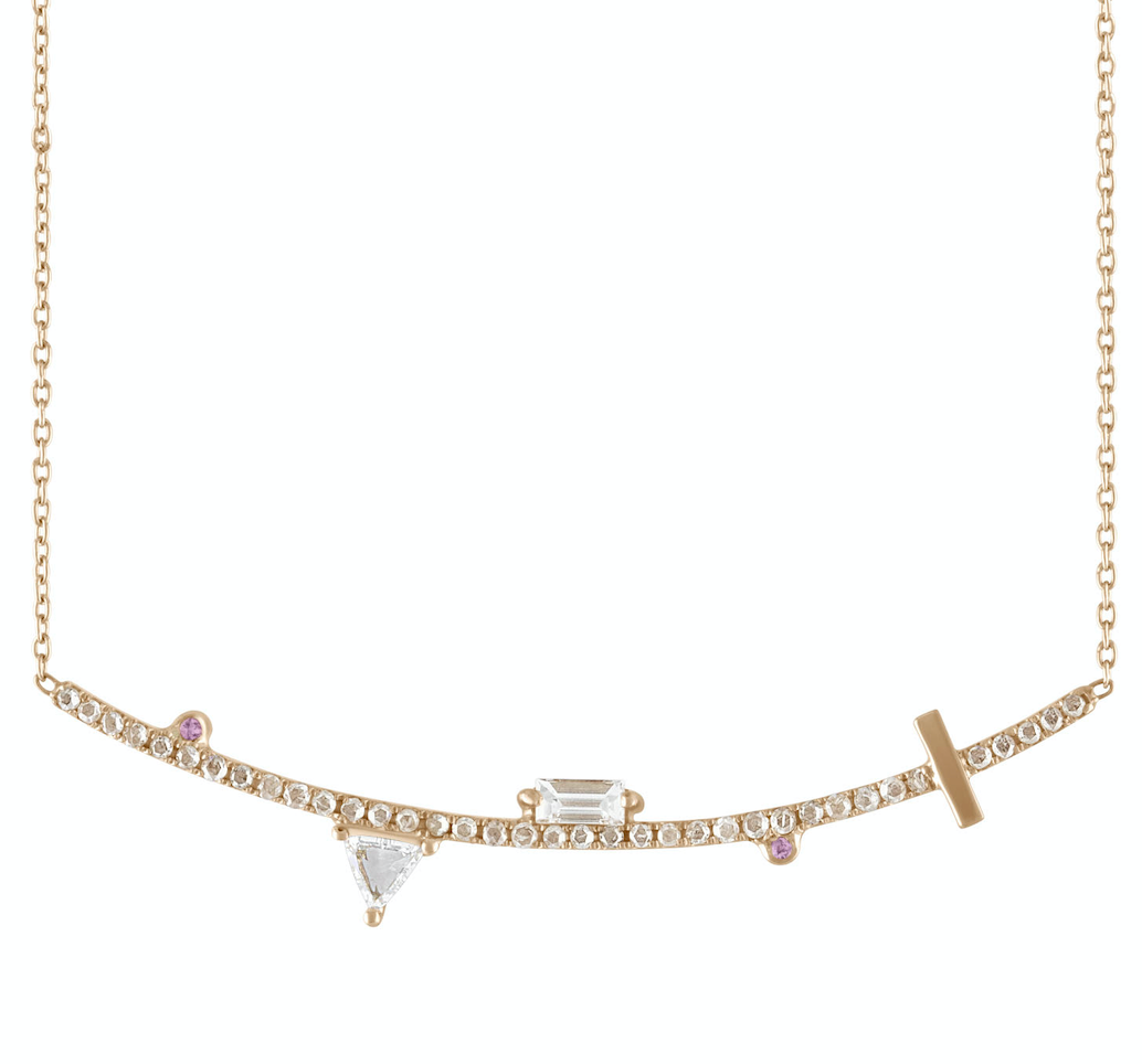 14K Yellow gold bar necklace Champagne diamond: .42CT White diamond trillion: .30CT White diamond baguette: .22CT Made in Turkey
