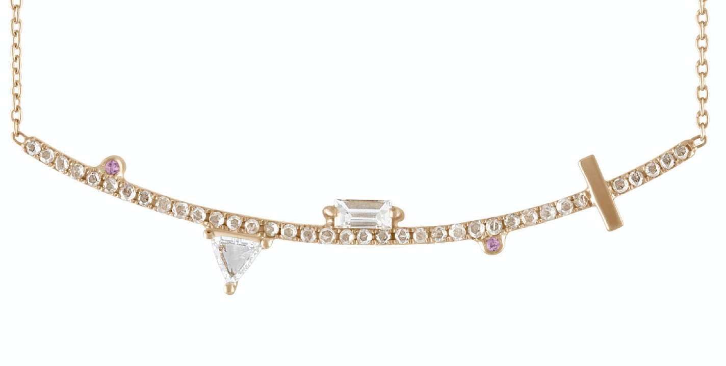 14K Yellow gold bar necklace Champagne diamond: .42CT White diamond trillion: .30CT White diamond baguette: .22CT Made in Turkey