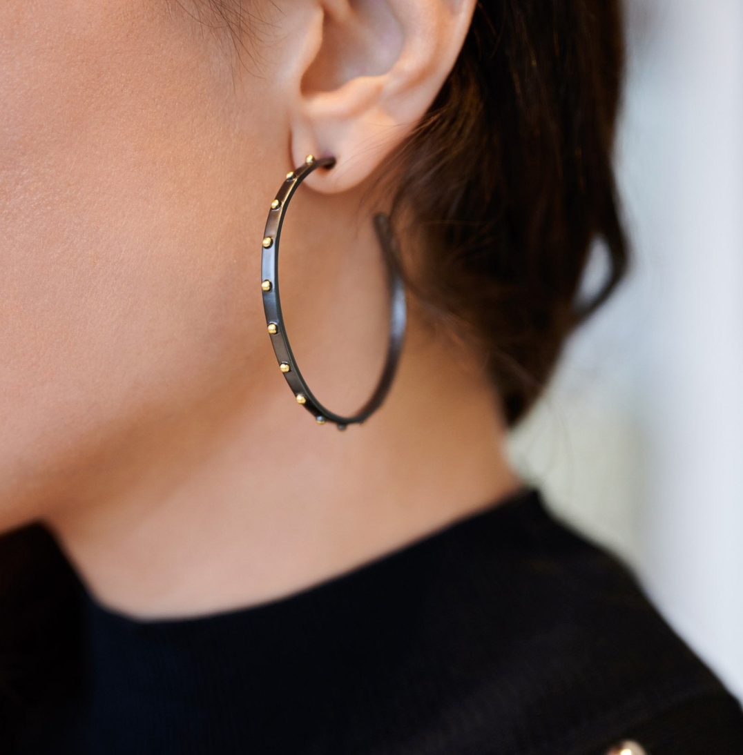 WEST POINT Gold Metal Button Hoop Earring