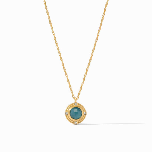 This solitaire necklace features a rose cut stone set with princess cut CZs on one side and a quatrefoil coin on the reverse, dangling from a delicate rope chain.