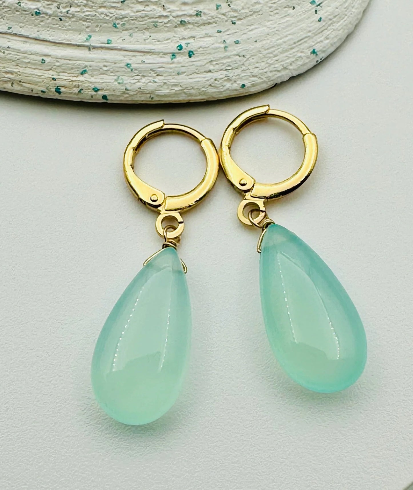 Smooth Chalcedony Teardrop Gold Fill Huggie Leverback Earring