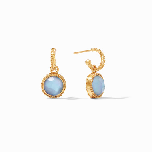 One earring, two ways to wear it—one side features a glittering gemstone, while the reverse side features a fleur-de-lis intaglio.