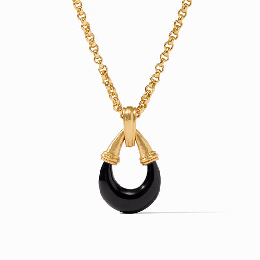 A smooth obsidian glass crescent forms the lower portion of this sophisticated teardrop-shaped pendant, connecting to the lightly hammered upper with three golden walls. The handmade rolo chain passes through a gently tapered bail.