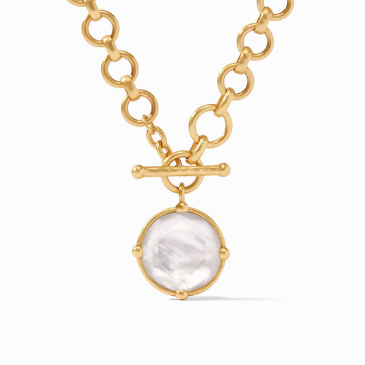 This demi-sized version of a favorite necklace has two ways to wear: Show the rose cut stone accented with golden beads or flip it to display a detailed bas relief bee.