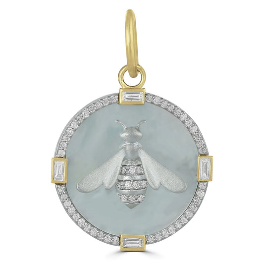 LARGER ROUND STERLING SILVER BEE CHARM / DIAMOND PAVE