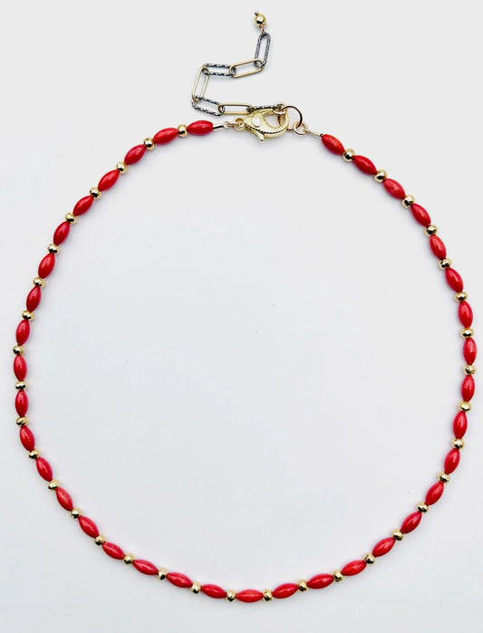 18" Petite Coral Tube and Gold Pyrite Necklace with Gold Fill Clasp and 2T Vermeil Clasp
